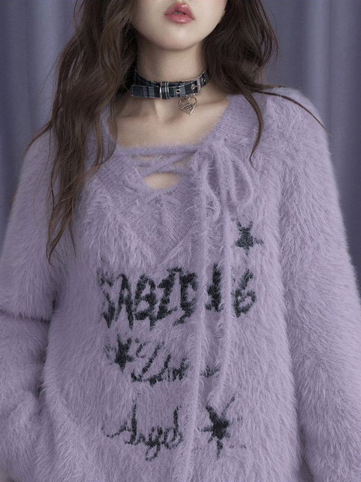 SagiDolls Girl Fighting Velvet Purple Rabbit Sweet Cool Purple V neck Strap Imitation Mink Hair Loose Sweater for Warmth image 3