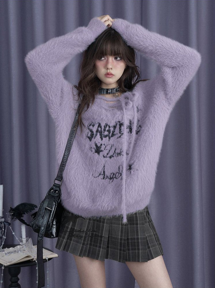 SagiDolls Girl Fighting Velvet Purple Rabbit Sweet Cool Purple V neck Strap Imitation Mink Hair Loose Sweater for Warmth image 4