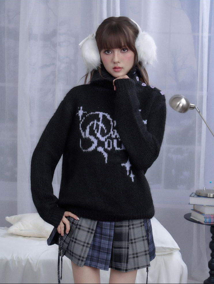 SagiDolls girls fighting spirit wearing two high necked black purple jacquard pullover sweaters sweet and cool loose and slimming keeping warm in winter image 4