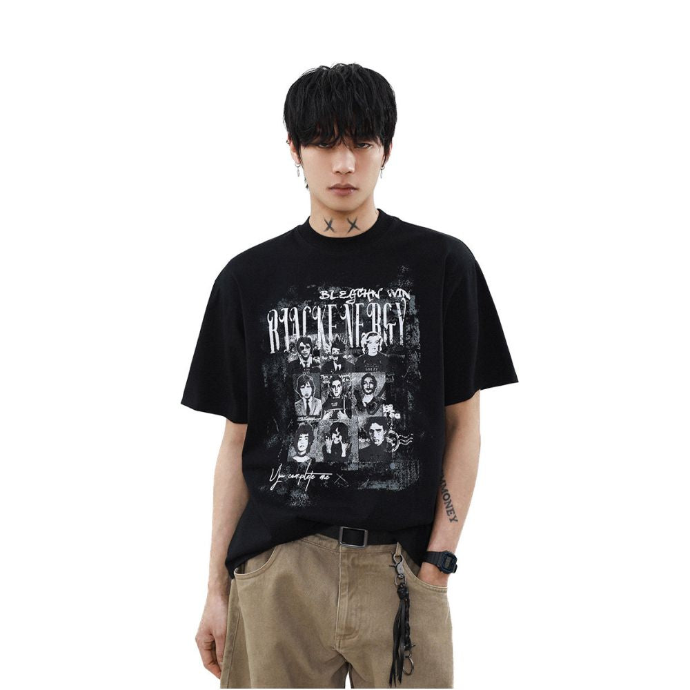 MRNEARLY s American niche design is touching like a printed short sleeved T shirt for men s loose retro versatile round neck top image 0