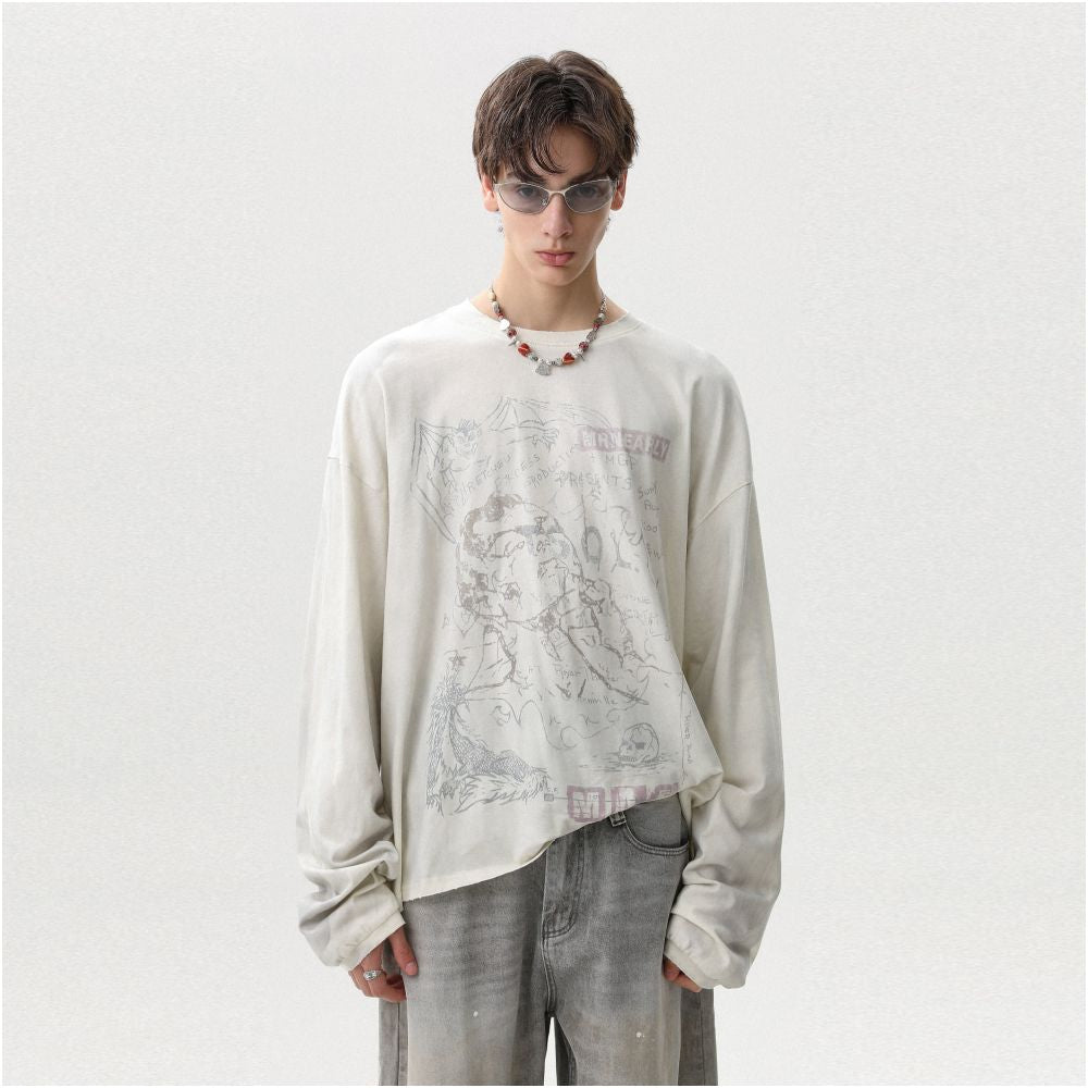 MRNEARLY American retro dirty dyed pure cotton autumn long sleeved T shirt men s and women s trendy brand loose high street hooligan handsome top image 0