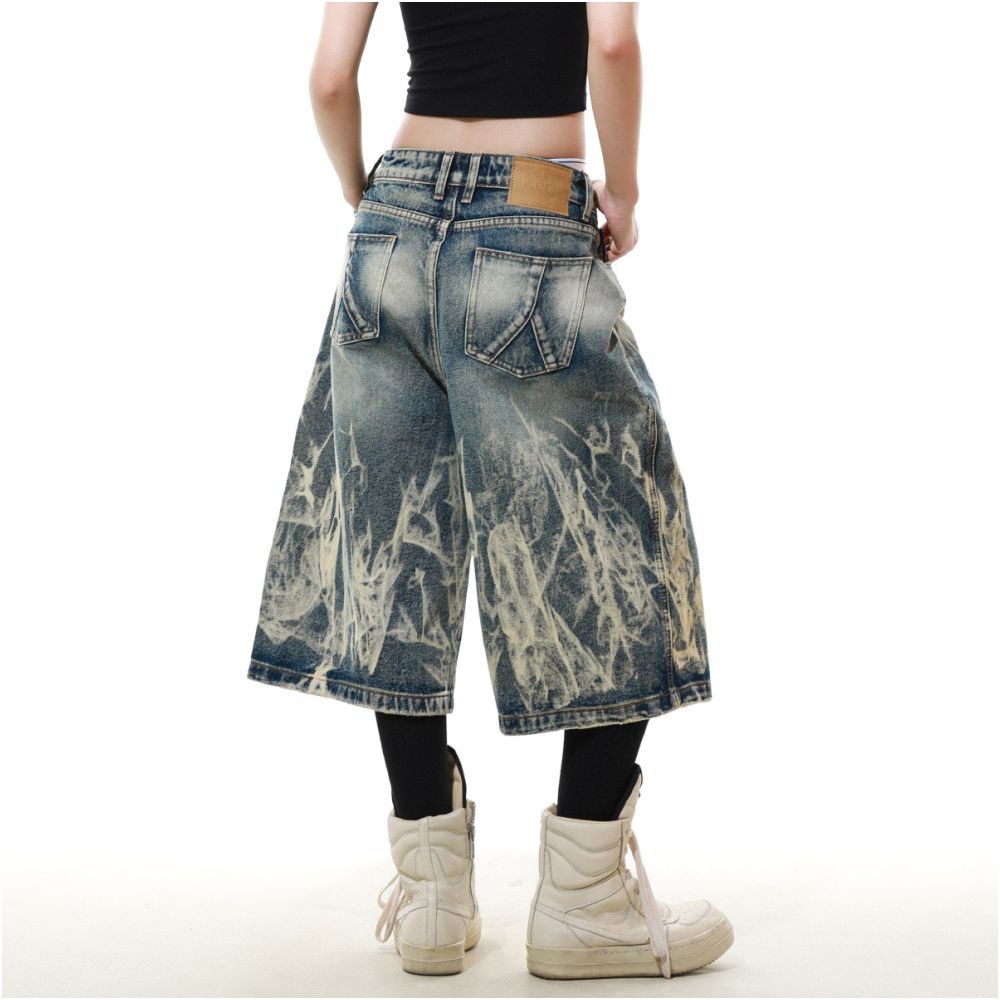 MRNEARLY American Retro New Lightning Flame Pattern Cowboy Shorts for Men in Summer Loose and Handsome Seven Point Pants image 4