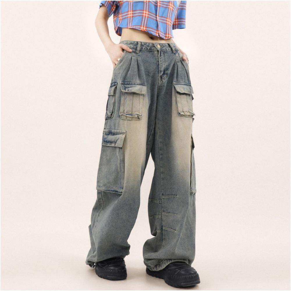 MRNEARLY American street design wide leg work pants for men and women loose straight leg washed retro style jeans image 2