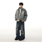 MRNEARLY American retro distressed washed denim down jacket winter thick warm bread jacket couple trend image 2