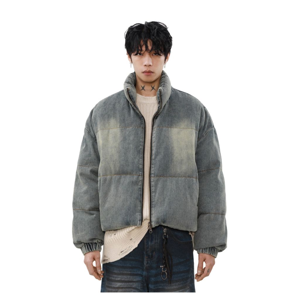 MRNEARLY American retro distressed washed denim down jacket winter thick warm bread jacket couple trend image 0