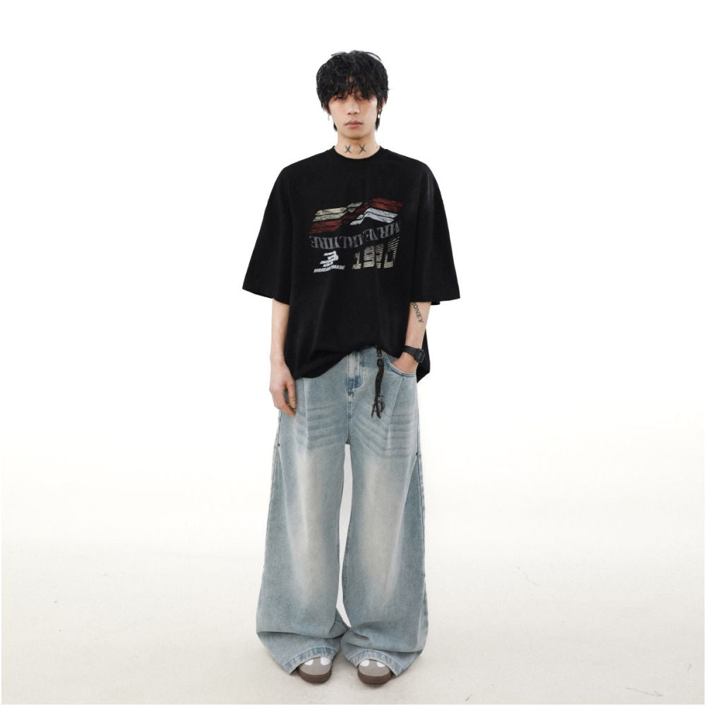 MRNEARLY American retro letter short sleeved T shirt for men trendy brand couple loose and lazy style summer half sleeved top image 2