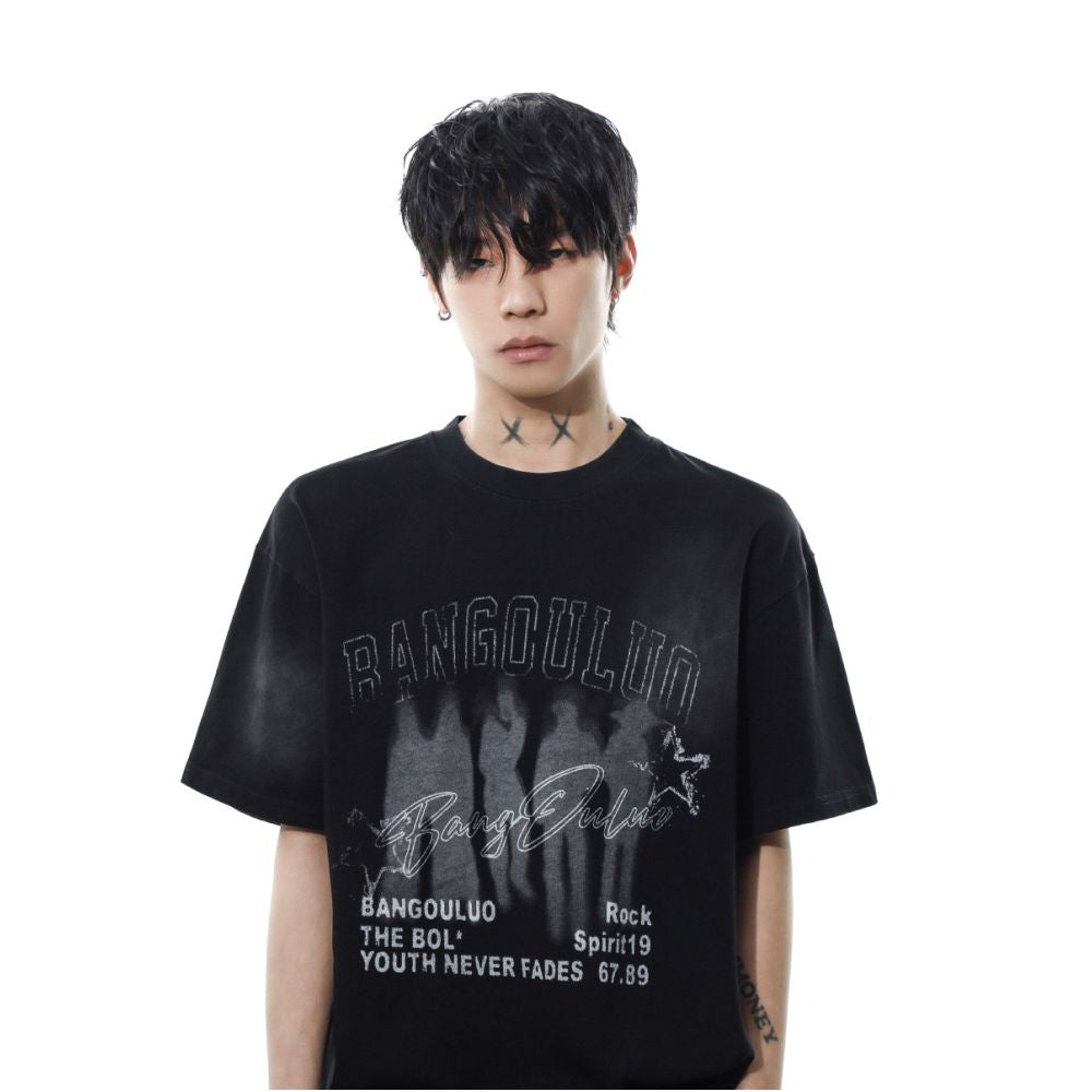 MRNEARLY American Retro Blurred Shadow Printed Short sleeved T shirt for Men 2025 Summer New Loose Half Sleeve image 3