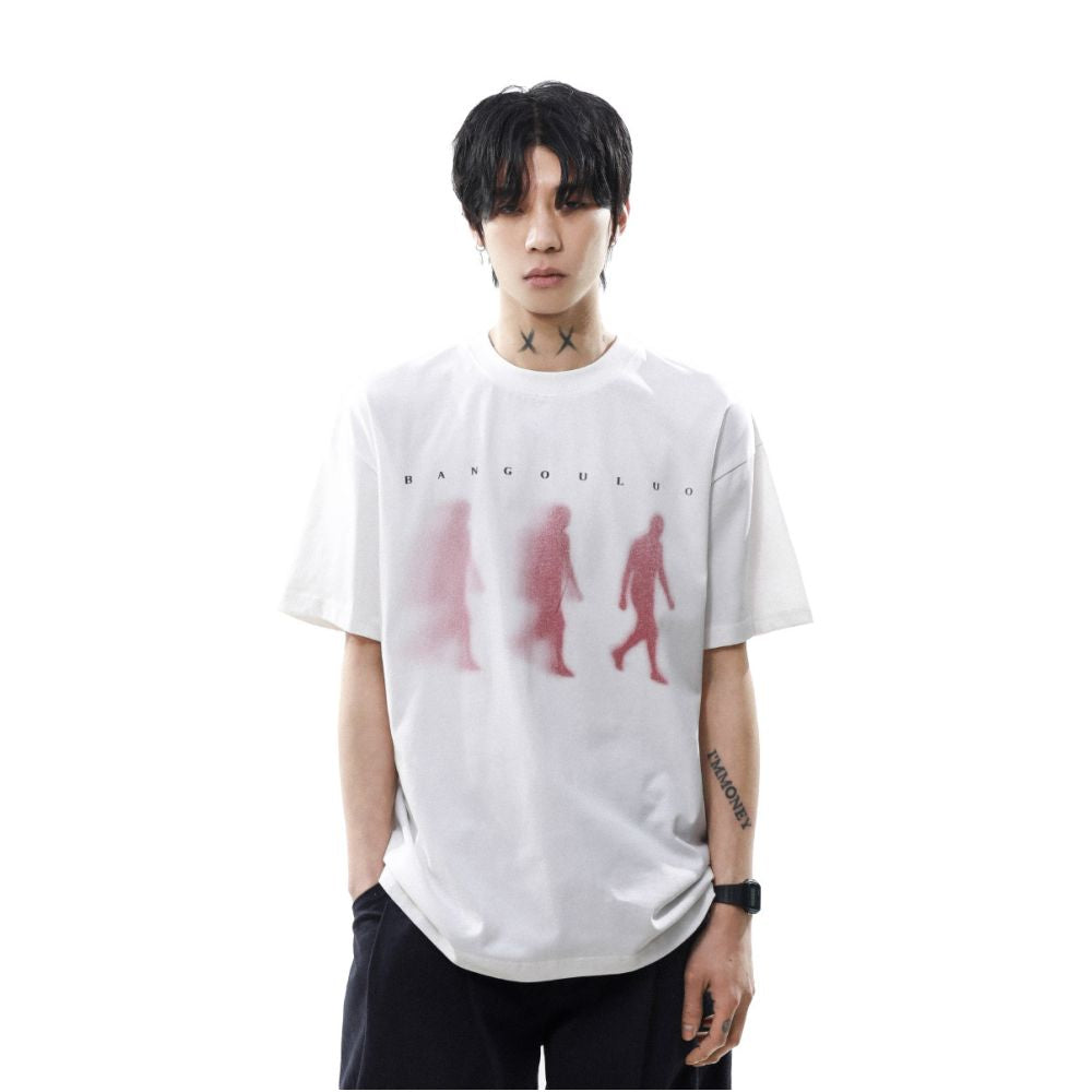 MRNEARLY American Street Shadow Printed Cleanfit Short sleeved T shirt for Men Loose Retro and Handsome Top Trendy image 3