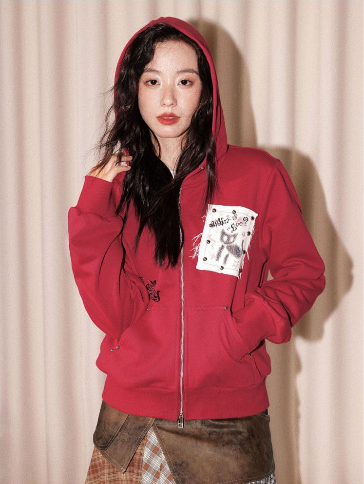 Chemical girl Cherry Fruit kitten print retro red hooded sweatshirt cardigan top for women in autumn image 2