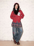 Chemical girl Cherry Fruit kitten print retro red hooded sweatshirt cardigan top for women in autumn image 5