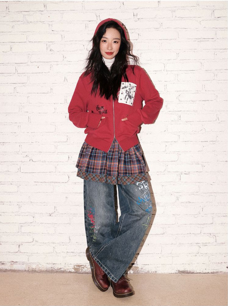 Chemical girl Cherry Fruit kitten print retro red hooded sweatshirt cardigan top for women in autumn image 5