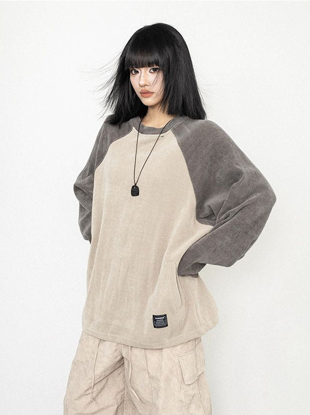 OCTTFLAB American retro patchwork loose casual long sleeved round neck sweatshirt T shirt versatile top for men and women image 3