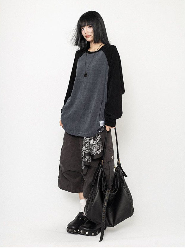 OCTTFLAB American retro patchwork loose casual long sleeved round neck sweatshirt T shirt versatile top for men and women image 4