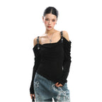 BIGGOLD leather shoulder strap swing collar one shoulder long sleeved T shirt for women s autumn spicy girls pure desire style slimming off off off shoulder top image 2