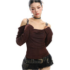 BIGGOLD leather shoulder strap swing collar one shoulder long sleeved T shirt for women s autumn spicy girls pure desire style slimming off off off shoulder top image 3
