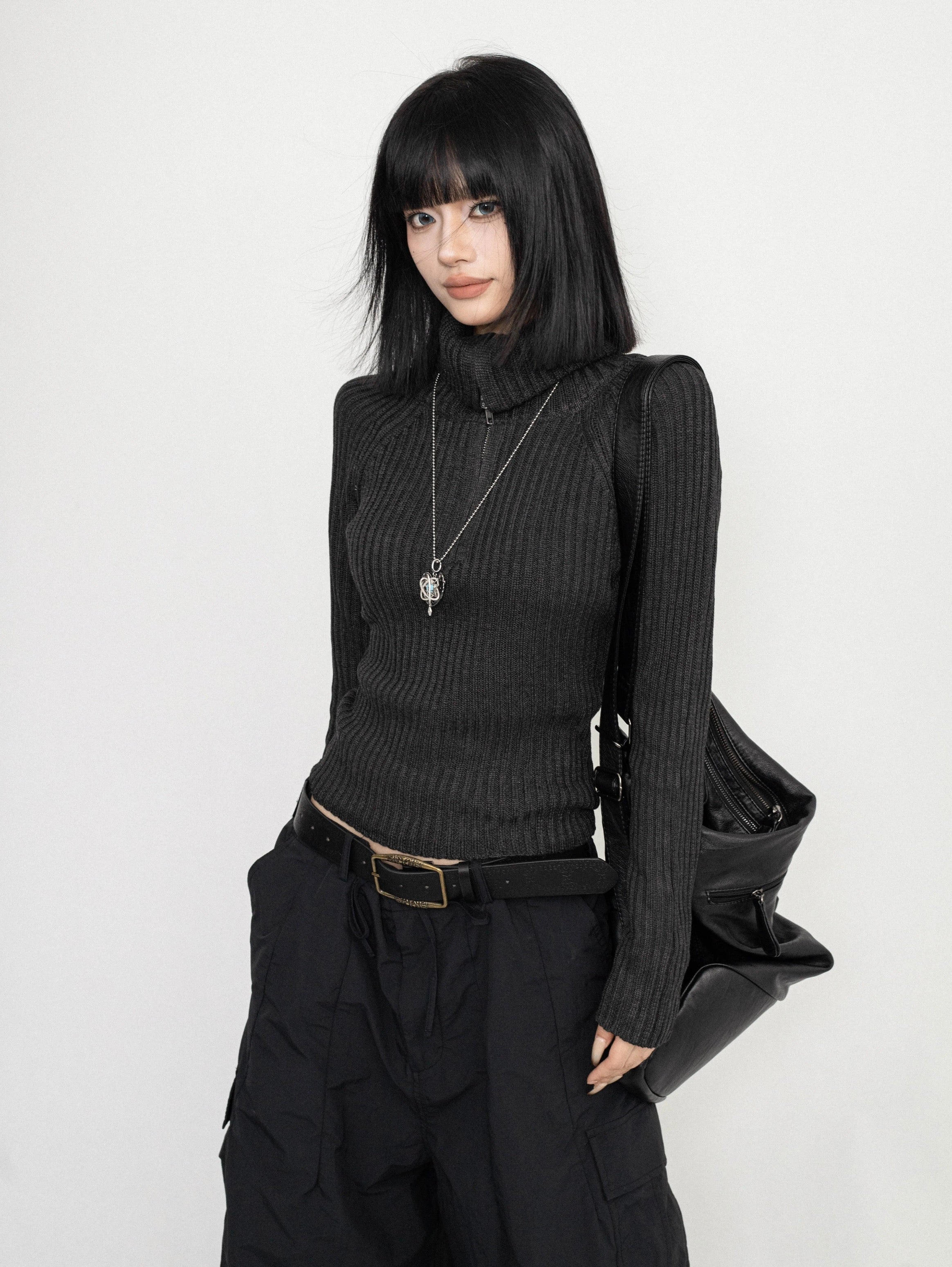 High-Neck Ribbed Knit Top