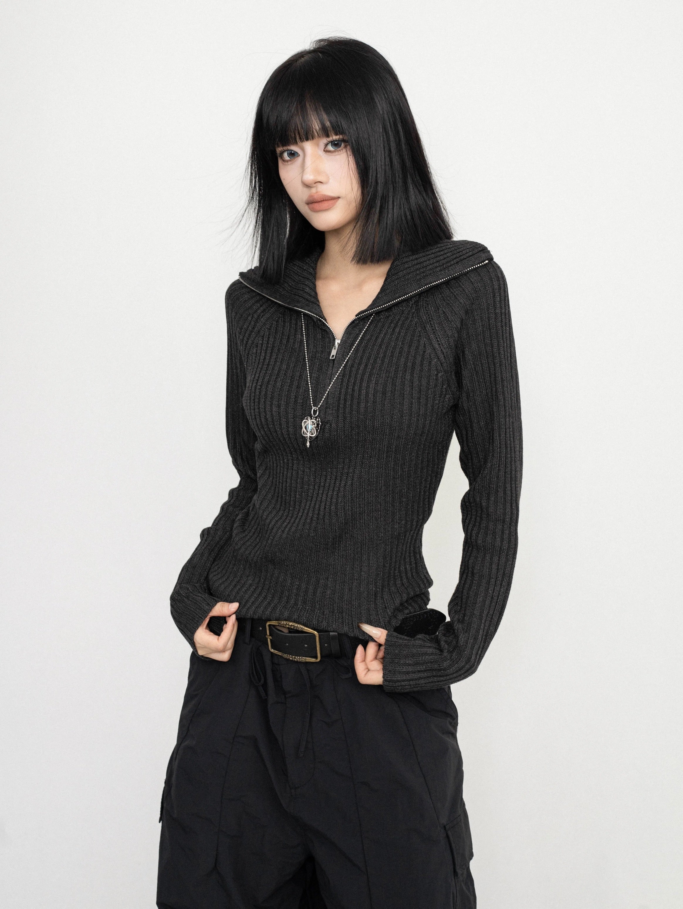 High-Neck Ribbed Knit Top