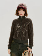 Fuzzy Butterfly Zip Cardigan
