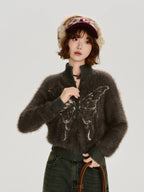 Fuzzy Butterfly Zip Cardigan