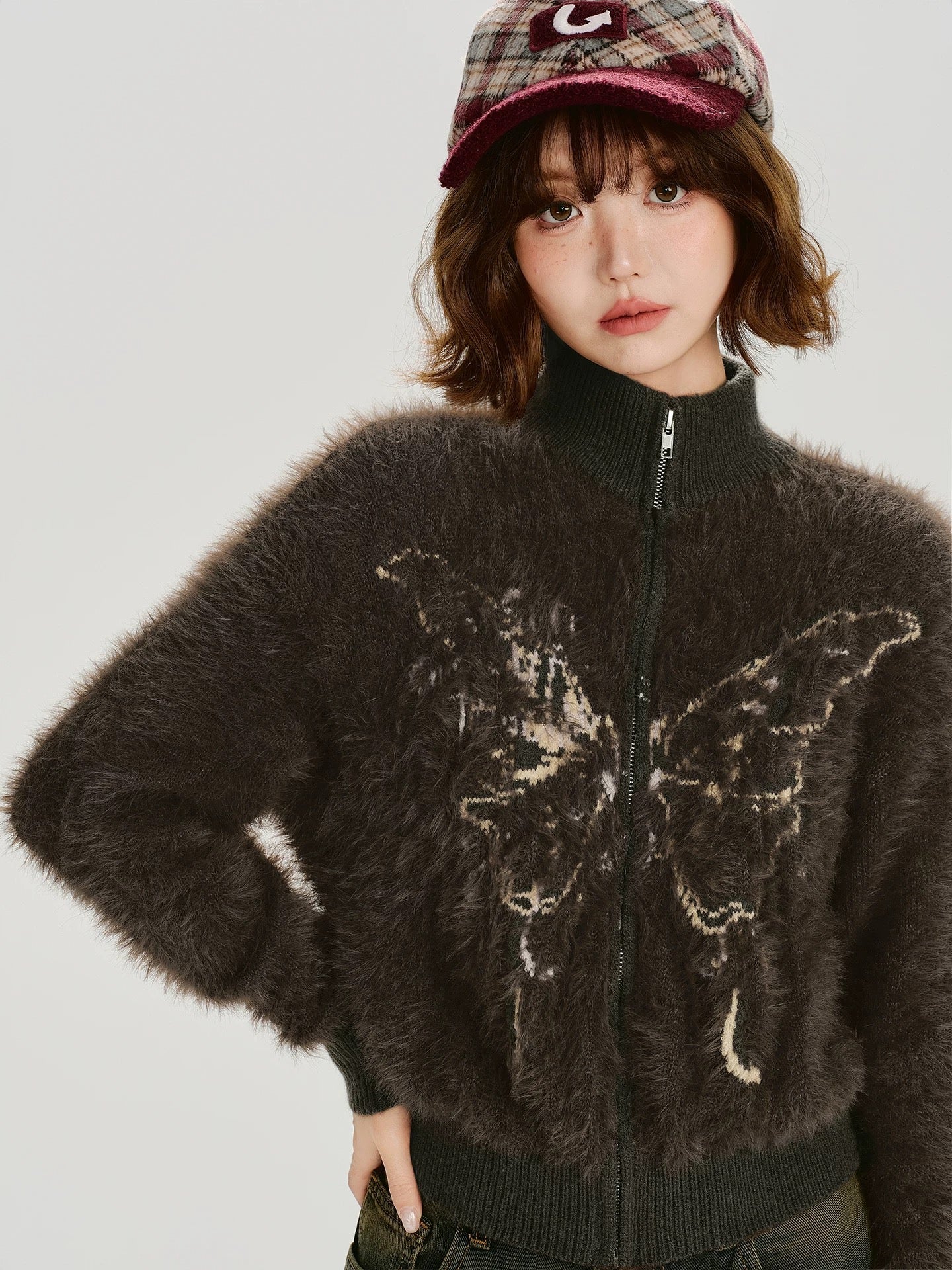 Fuzzy Butterfly Zip Cardigan