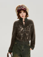Fuzzy Butterfly Zip Cardigan