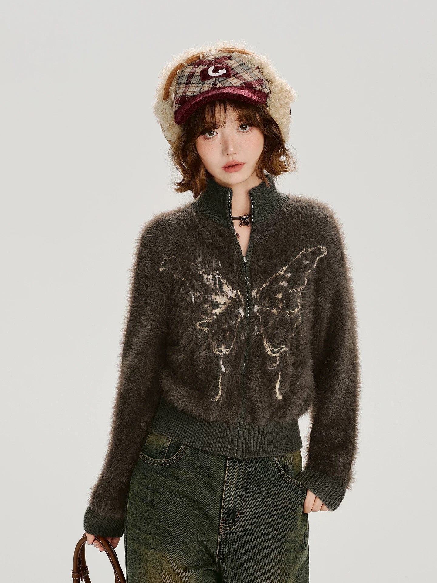 Fuzzy Butterfly Zip Cardigan