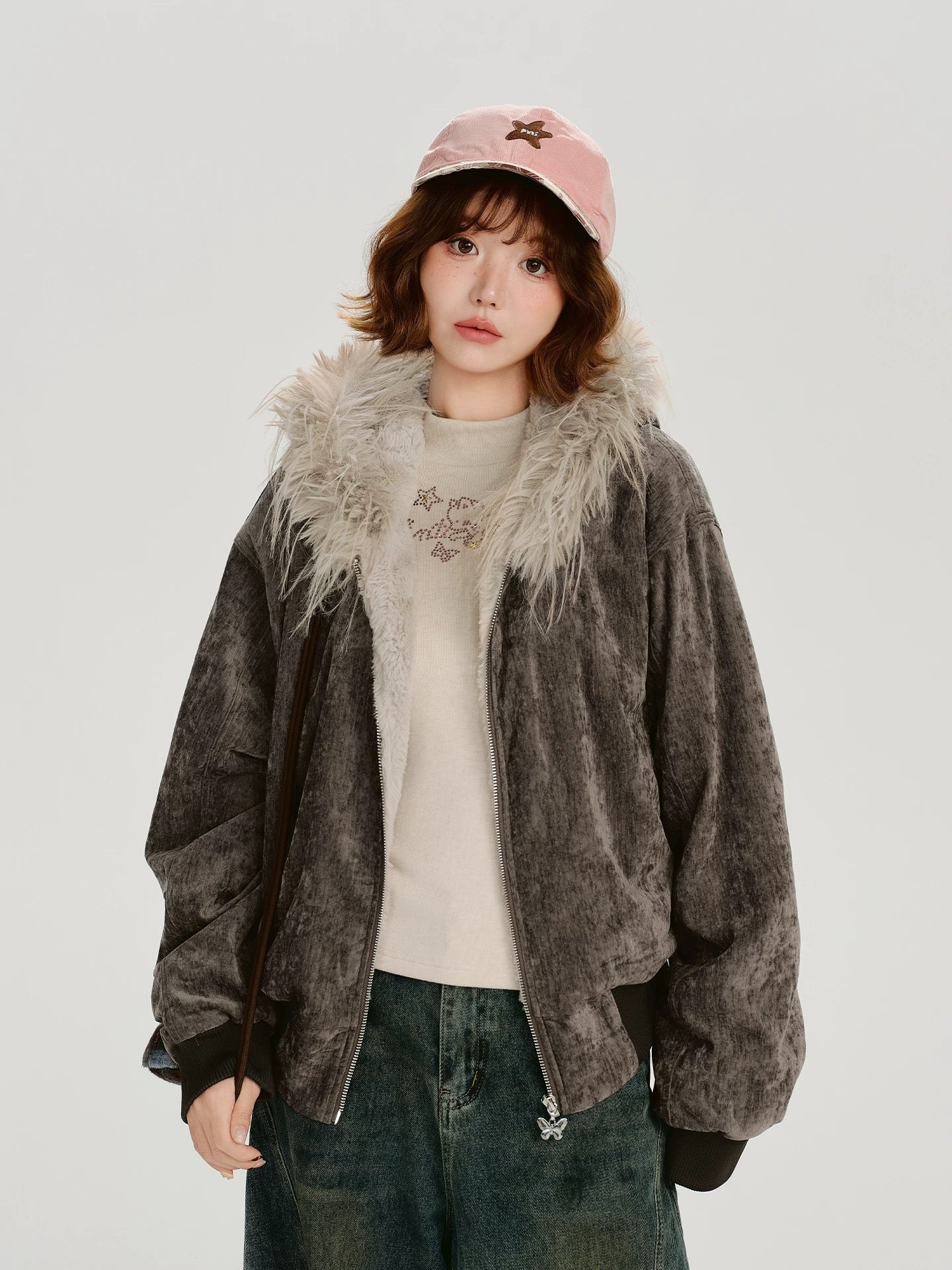 Butterfly Charm Fur Trim Jacket