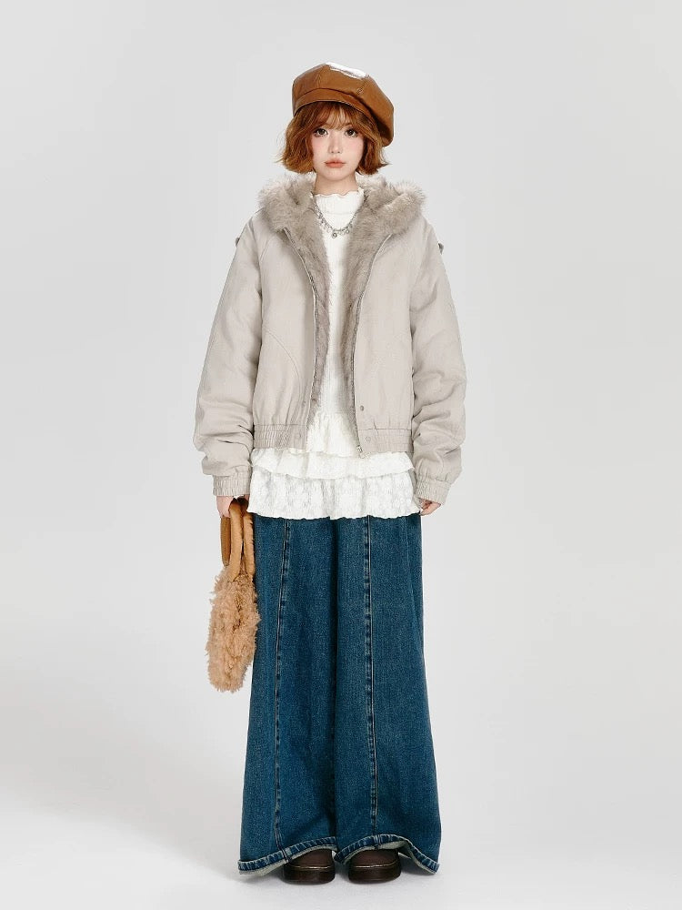 Fur-Lined Hooded Short Jacket