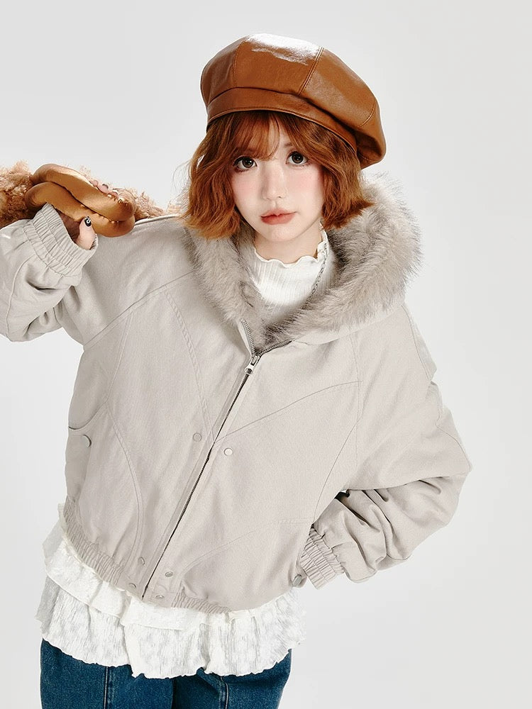 Fur-Lined Hooded Short Jacket
