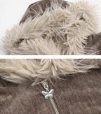 Close-up of a fur coat with a butterfly zipper pull.