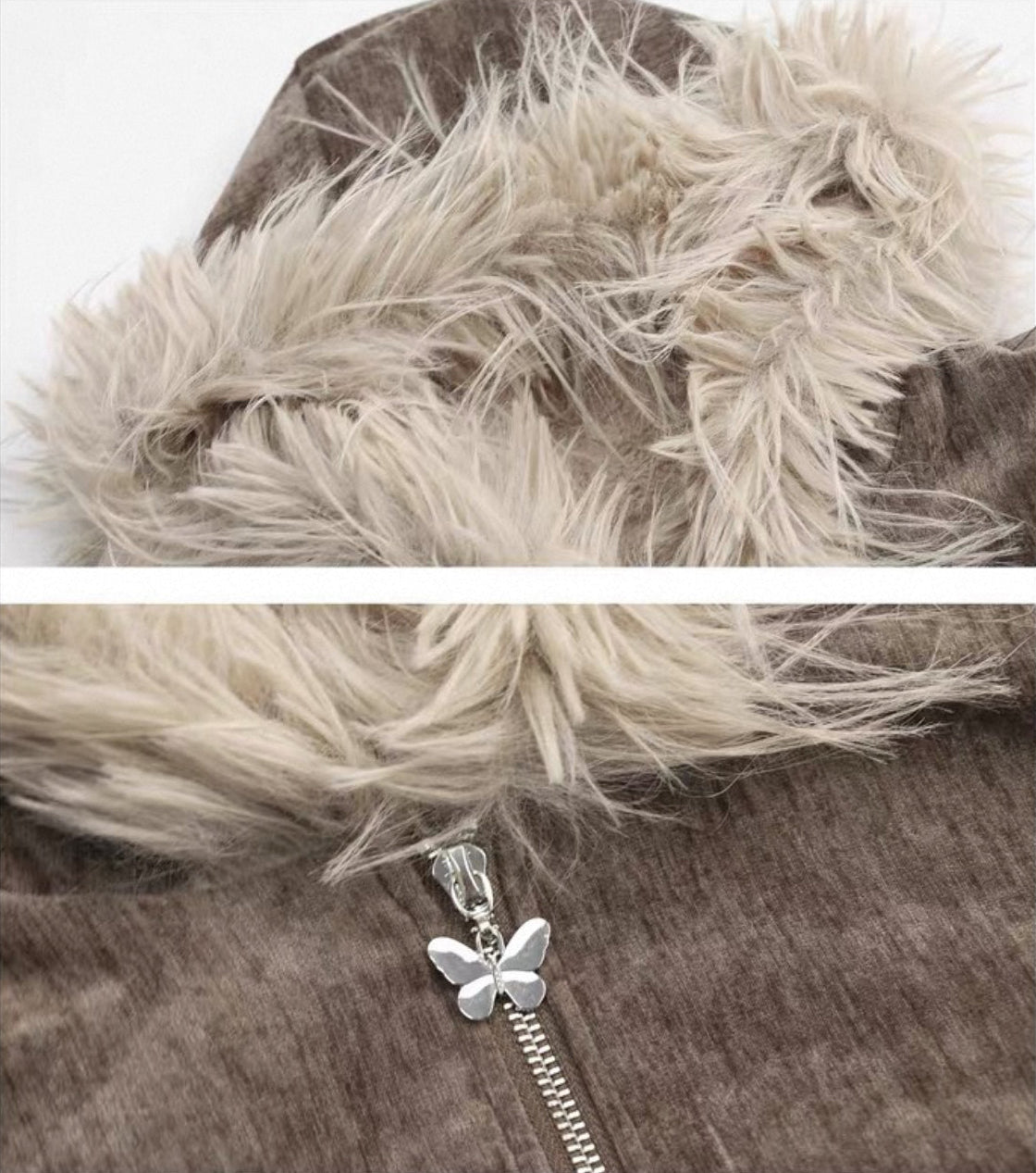 Close-up of a fur coat with a butterfly zipper pull.