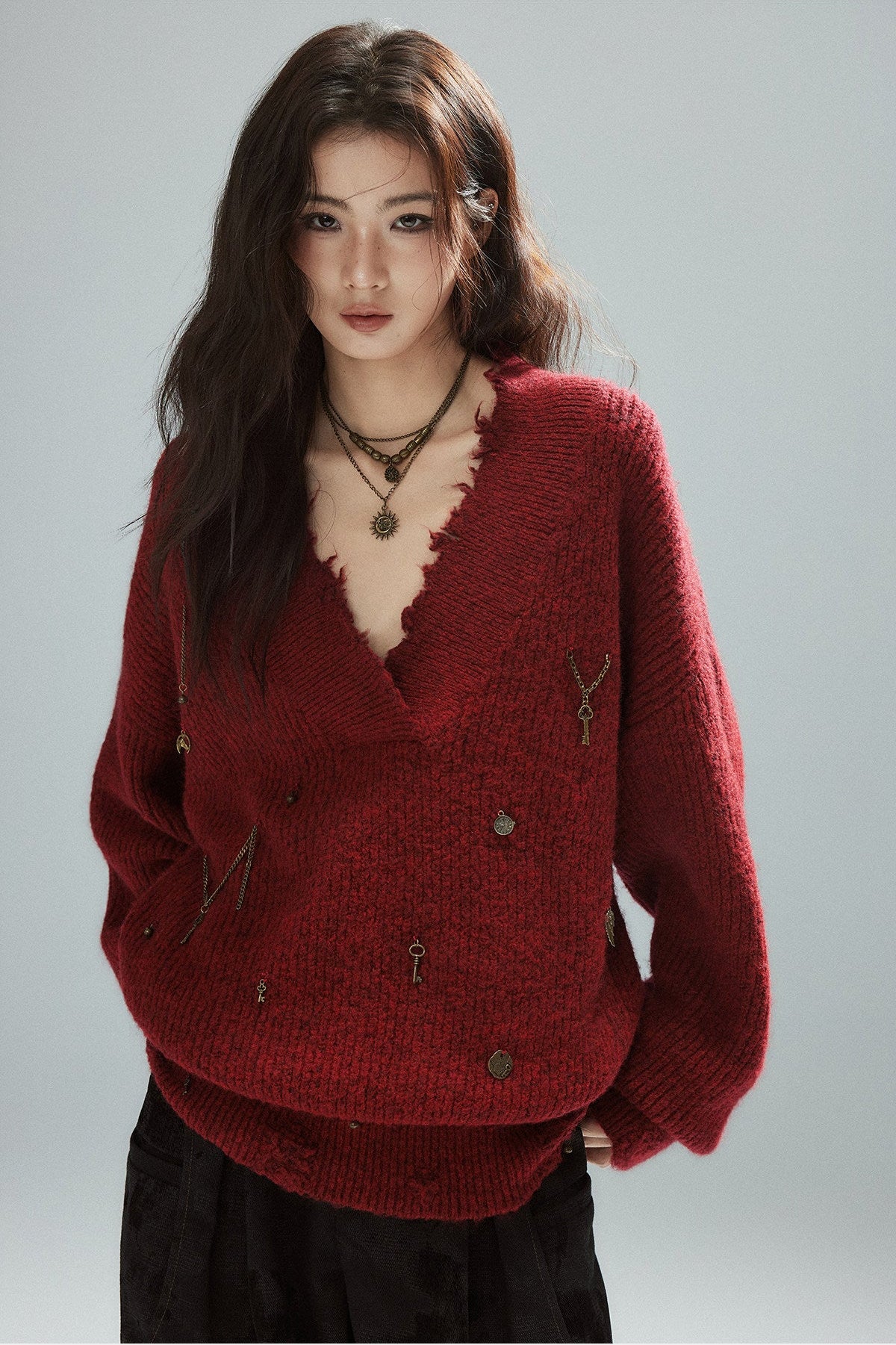 Vintage Red Distressed V-Neck Knit Sweater