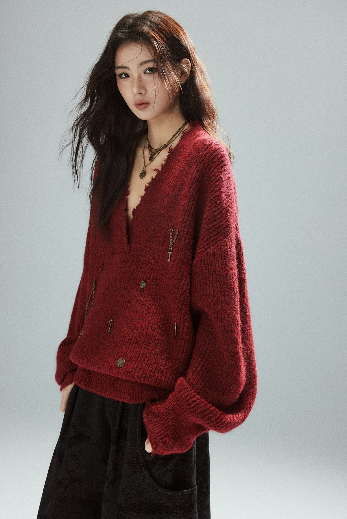 Vintage Red Distressed V-Neck Knit Sweater