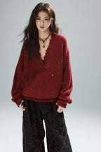 Vintage Red Distressed V-Neck Knit Sweater