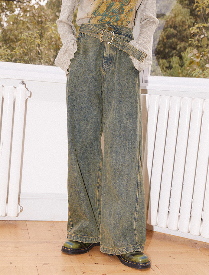 Antique Wash Belted Wide Leg Denim