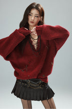Vintage Red Distressed V-Neck Knit Sweater