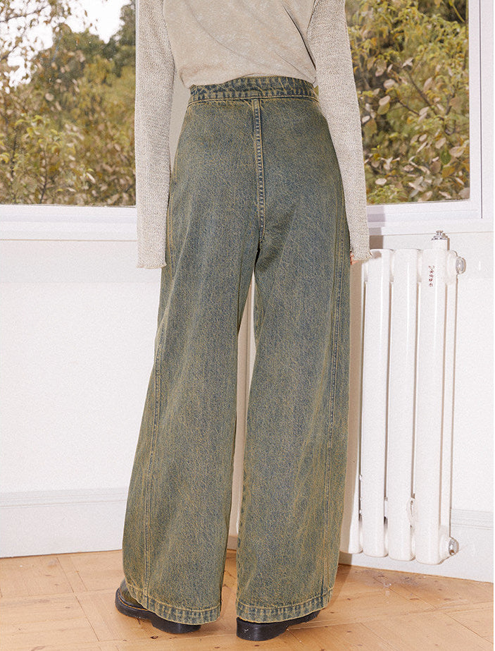 Antique Wash Belted Wide Leg Denim