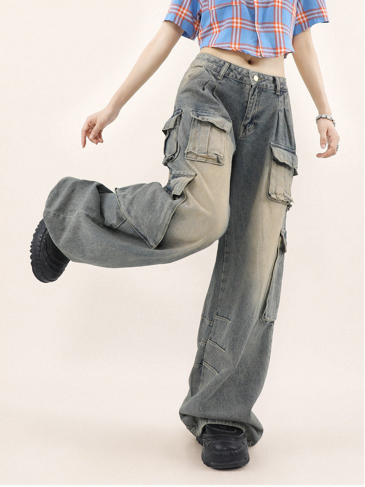 Washed Cargo Denim Jeans